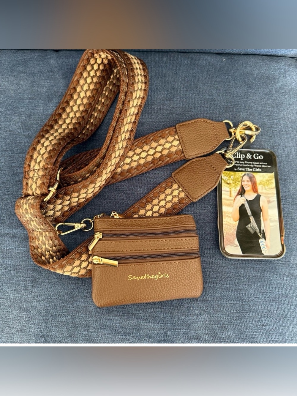 NWT Save The Girls Clip & Go in Brown & Cream Travel Wallet and Phone Case Clip